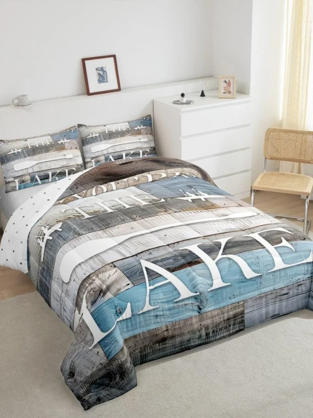 Rustic Farmhouse Comforter Set Lake Cabin Bedding Set King Size Blue Grey Retro